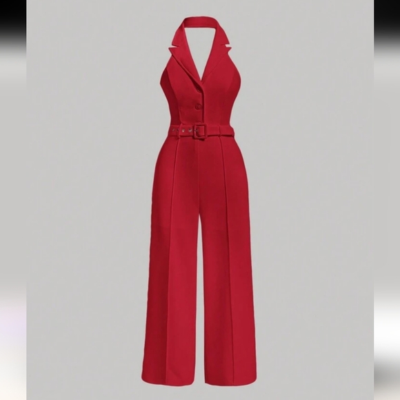 SHEIN Pants - SHEIN MOD Lapel Neck Belted Halter Jumpsuit